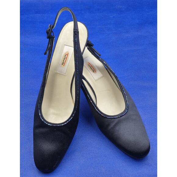 Talbots Black Leather Slingback Pumps 2.5" Kitten Heels Sparkly Accents Size 9N - Picture 1 of 10